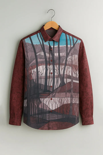 Men’s Burgundy Shirt with Artistic Forest Landscape Print