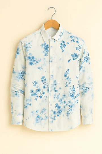 Men’s Serene Bloom Cotton Shirt – Sky Blue Floral on Ivory White
