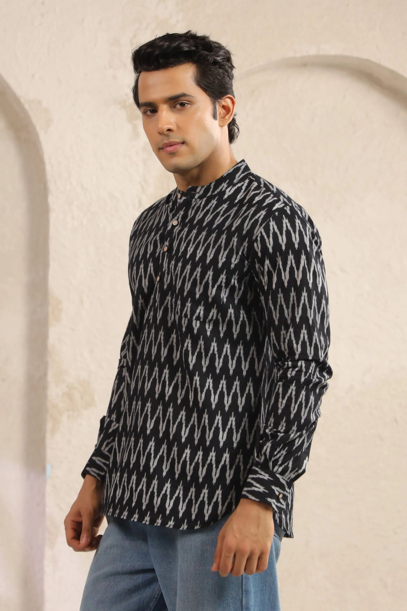 Black Ikat Printed Cotton Short Kurta