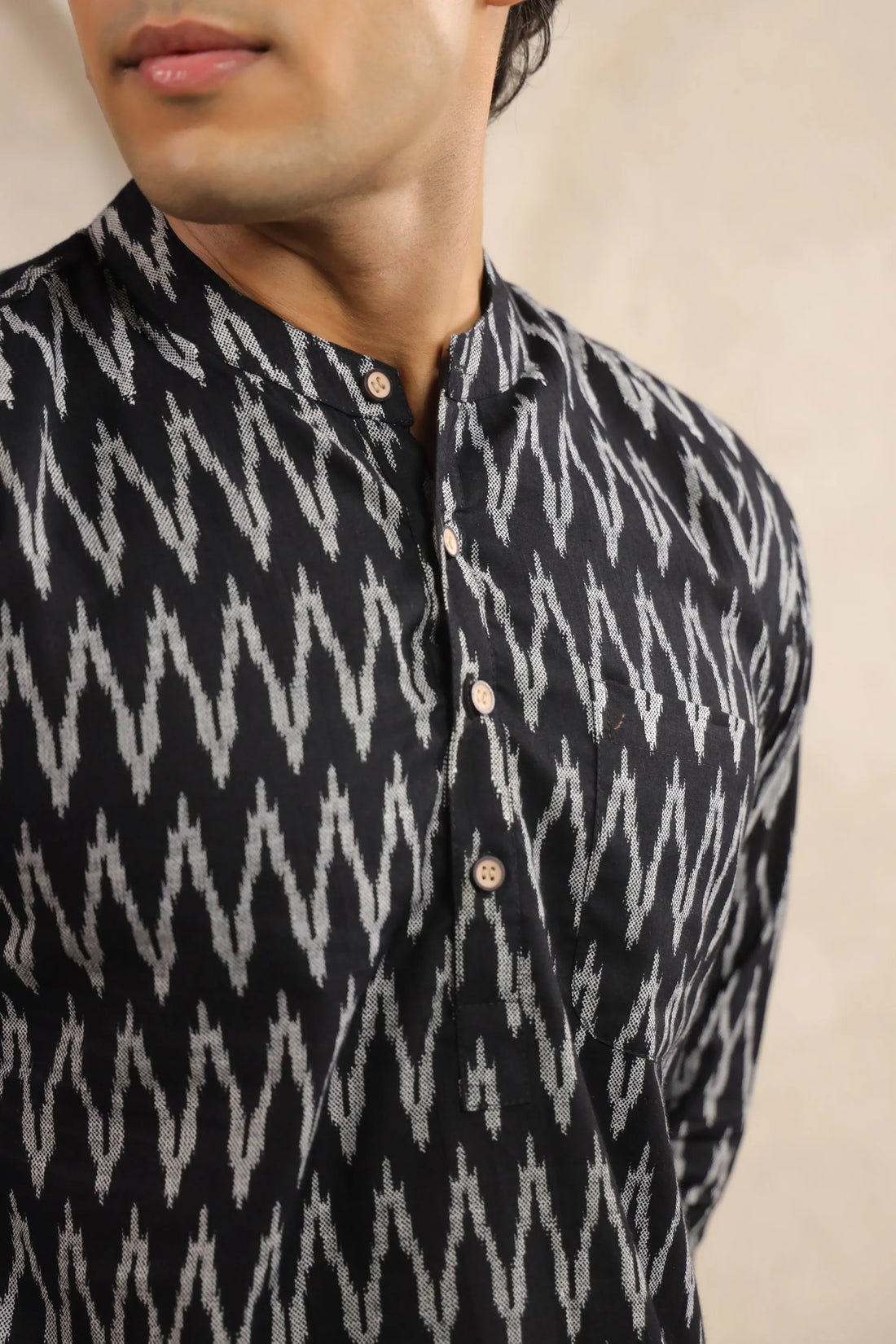 Black Ikat Printed Cotton Short Kurta