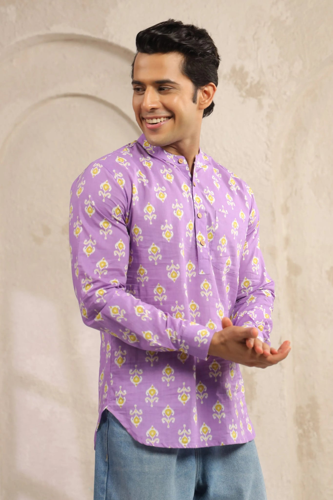 Lavender Ikat Printed Cotton Short Kurta