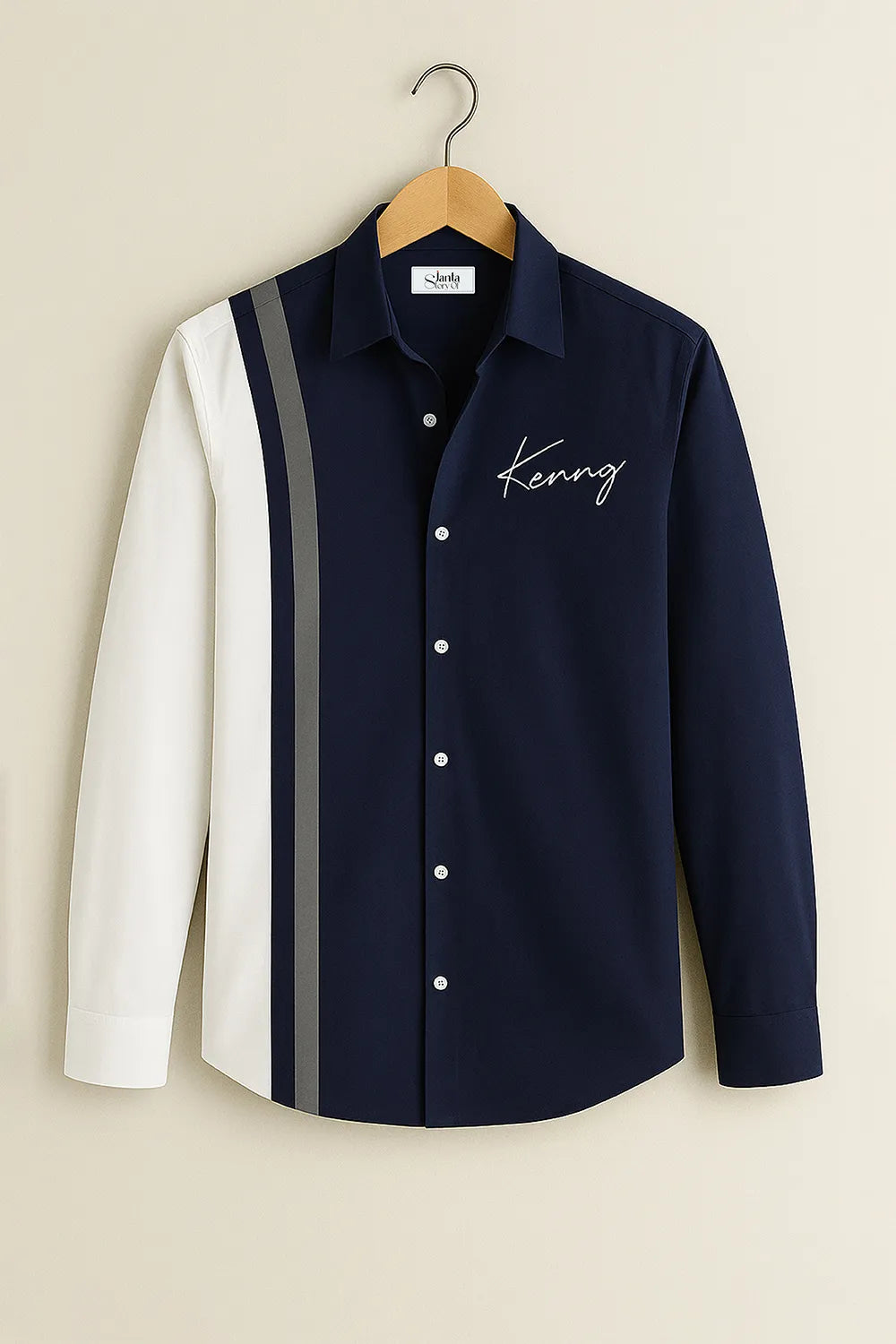 Men's Contrast Panel Shirt with Navy & White Colorblock with Signature for Modern Wear