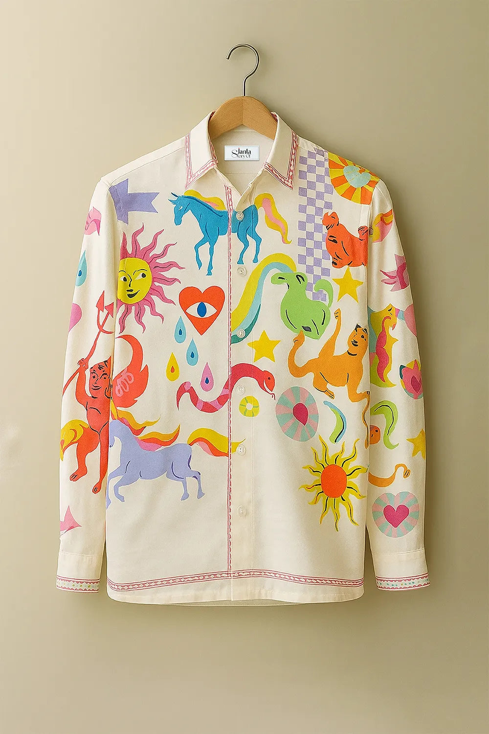 Men's Vibrant Artistic Expression Cotton Shirt with Mythical & Psychedelic Motifs