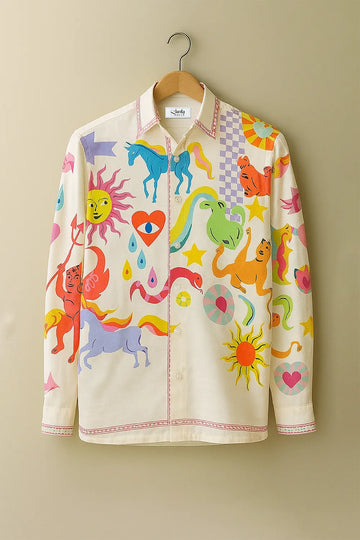 Men's Vibrant Artistic Expression Cotton Shirt with Mythical & Psychedelic Motifs
