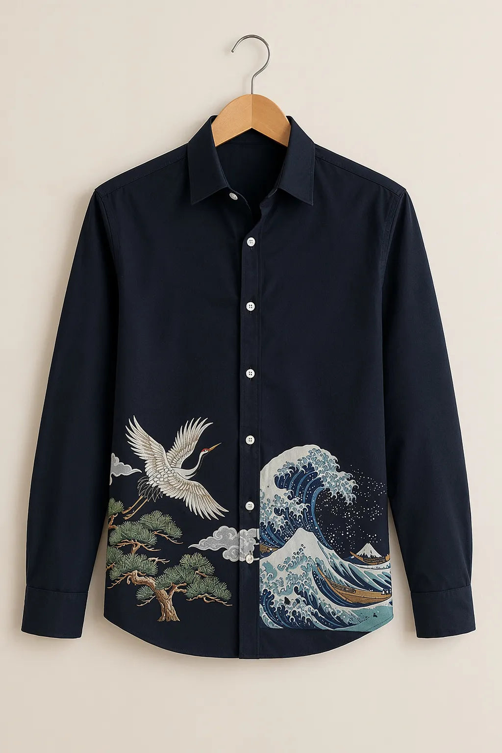 Men's Navy Japanese Wave & Crane Printed Shirt