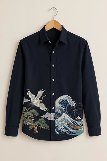Men's Navy Japanese Wave & Crane Printed Shirt