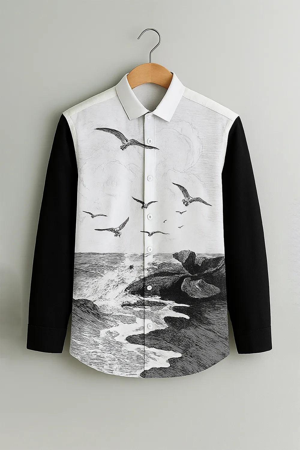 Men’s Black & White Shirt with Scenic Ocean and Seagull Art Print