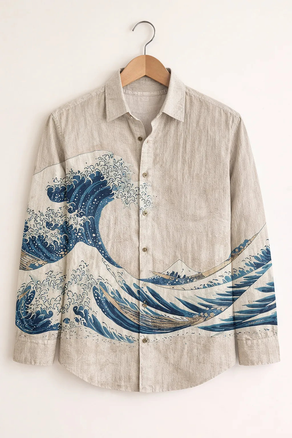 Men's Beige Japanese Wave Print Shirt