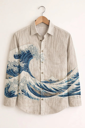 Men's Beige Japanese Wave Print Shirt
