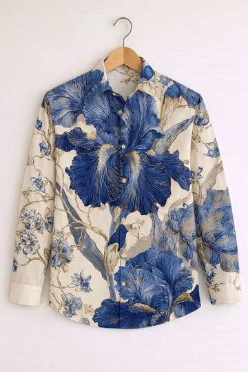 Royal Blue Floral Art Print Ivory Premium Shirt