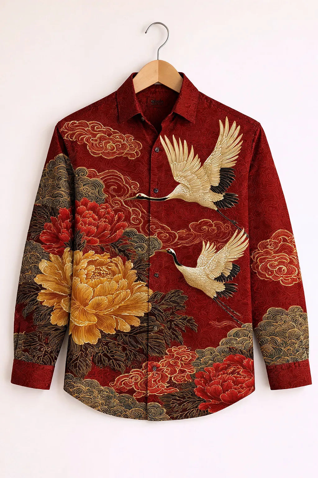Luxury Oriental Print Shirt – Crimson