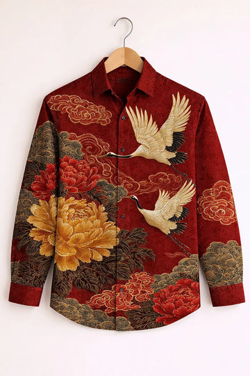Luxury Oriental Print Shirt – Crimson