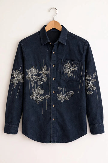 Dark Denim Floral Line Embroidery Shirt