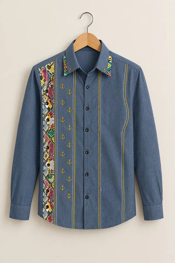 Men's Steel Blue Nautical Panel Printed Shirt