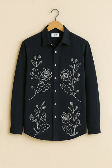 Men's Bloom Printed Black Shirt with Minimal Floral Design