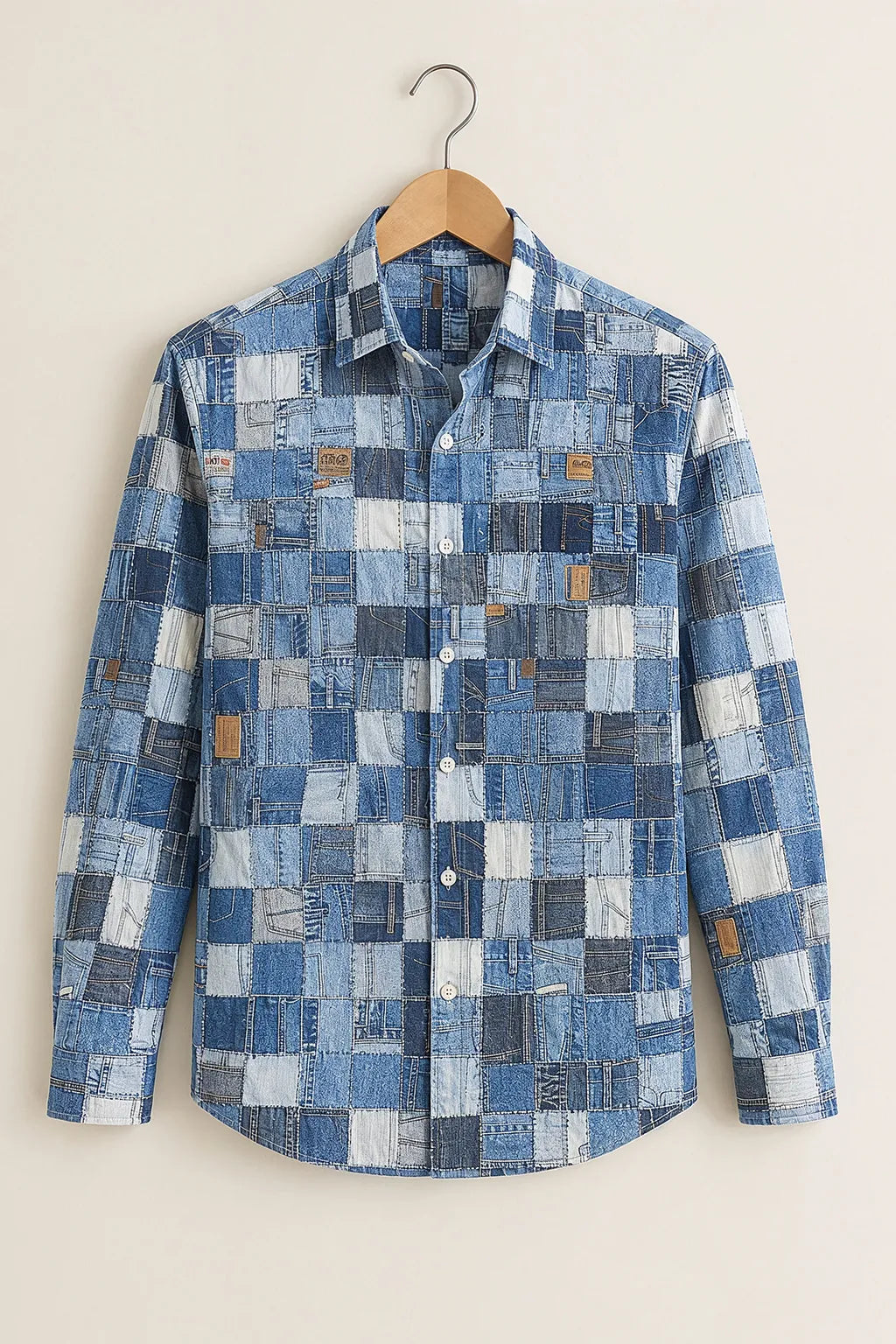 Men's Blue Denim Patchwork Printed Shirt