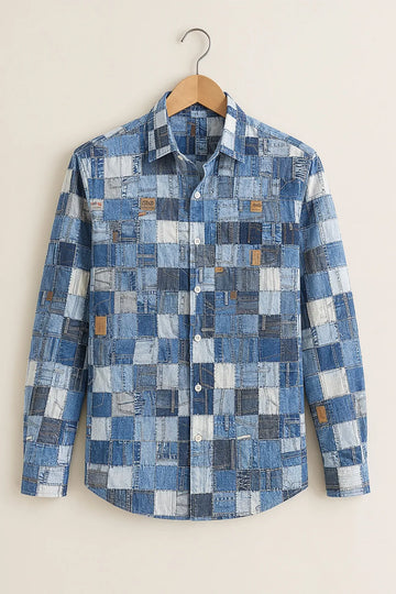 Men's Blue Denim Patchwork Printed Shirt
