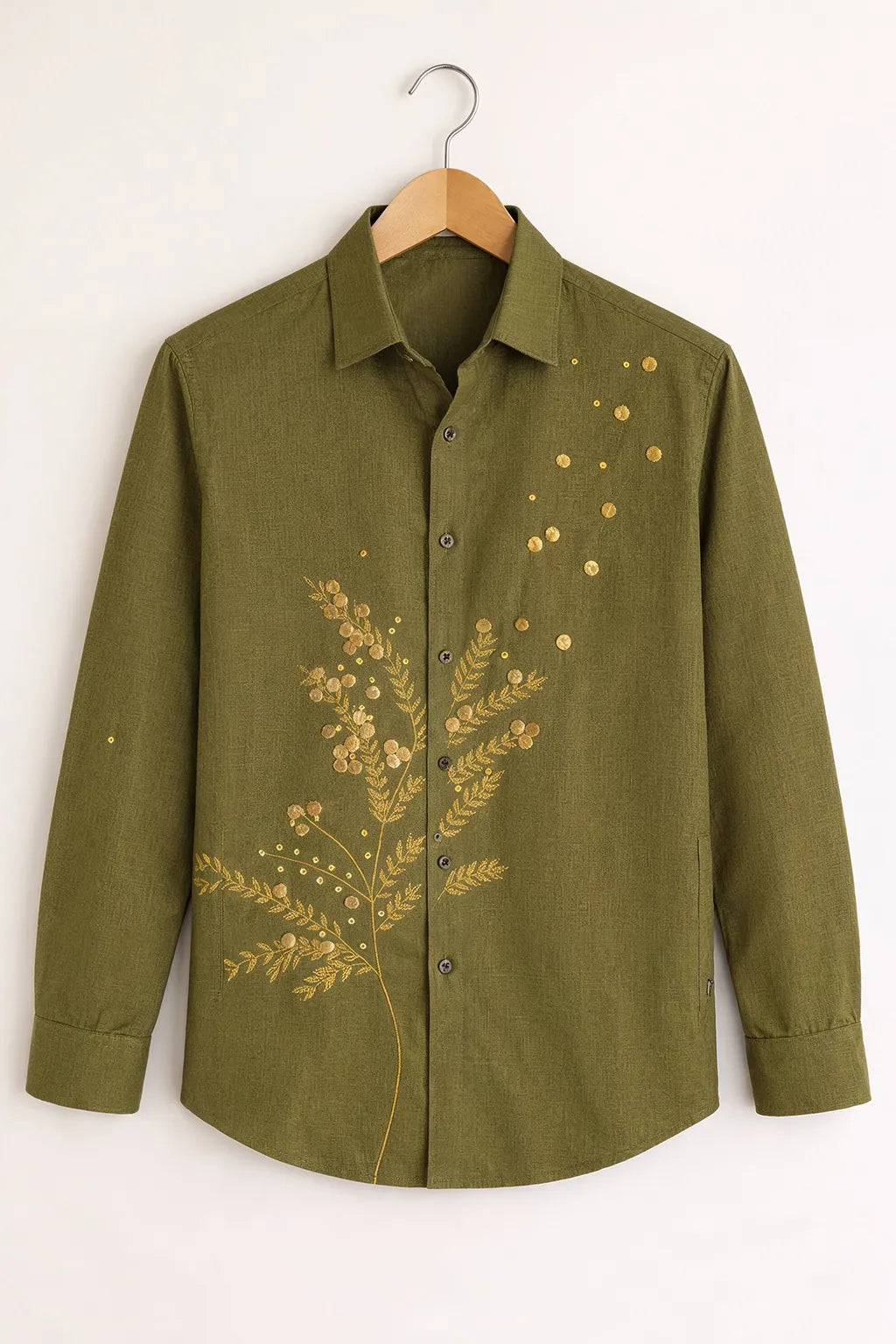 Men's Olive Gold Botanical Embroidery Shirt