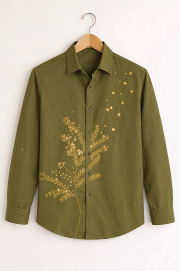 Men's Olive Gold Botanical Embroidery Shirt