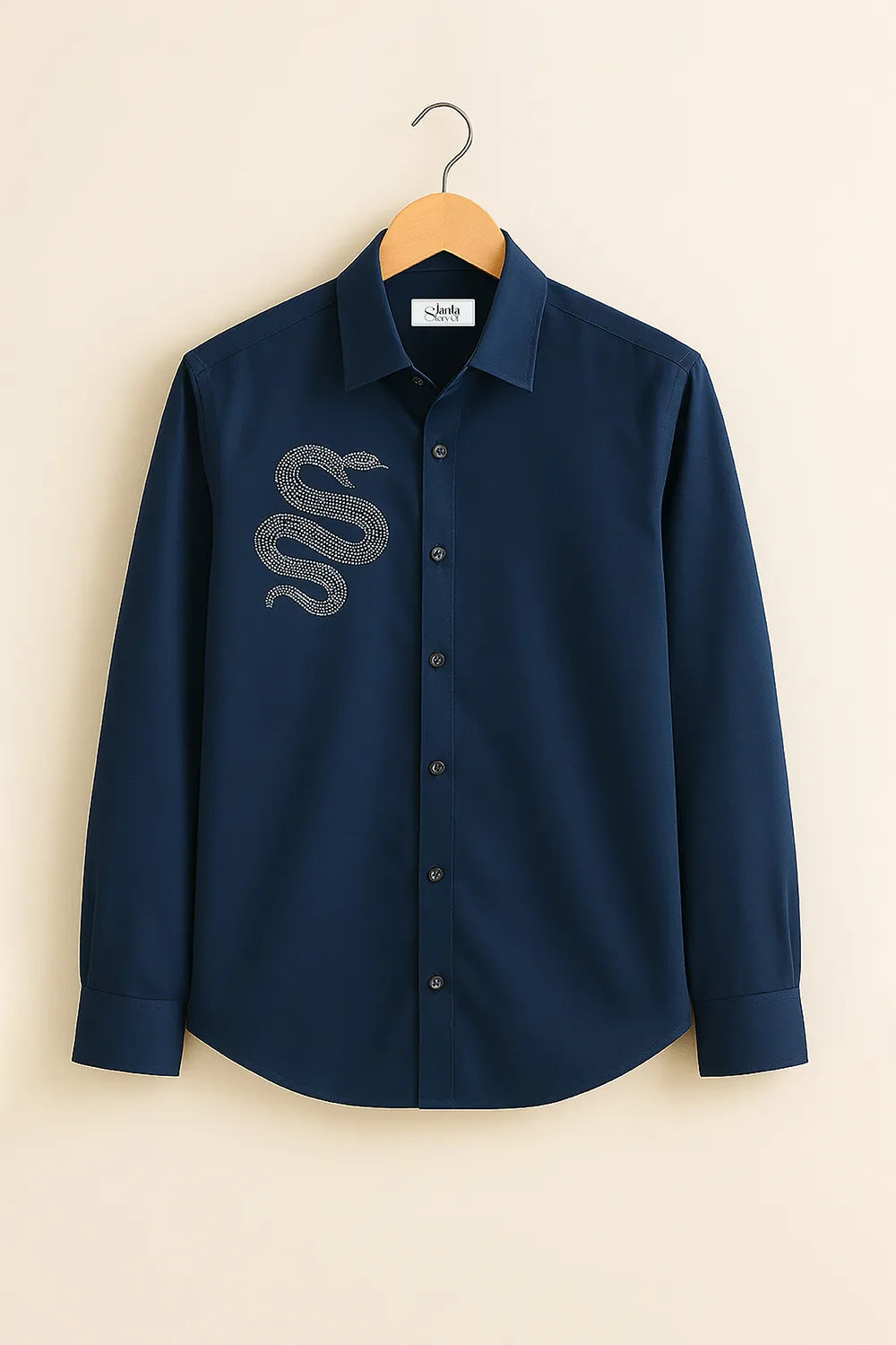 Men’s Midnight Navy Shirt with Striking Snake Embellishment