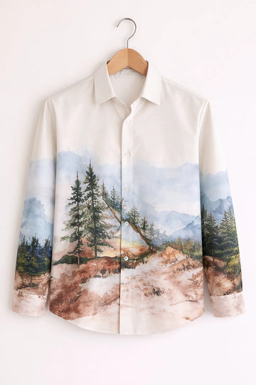 Ivory Mountain Landscape Scenic Print Shirt