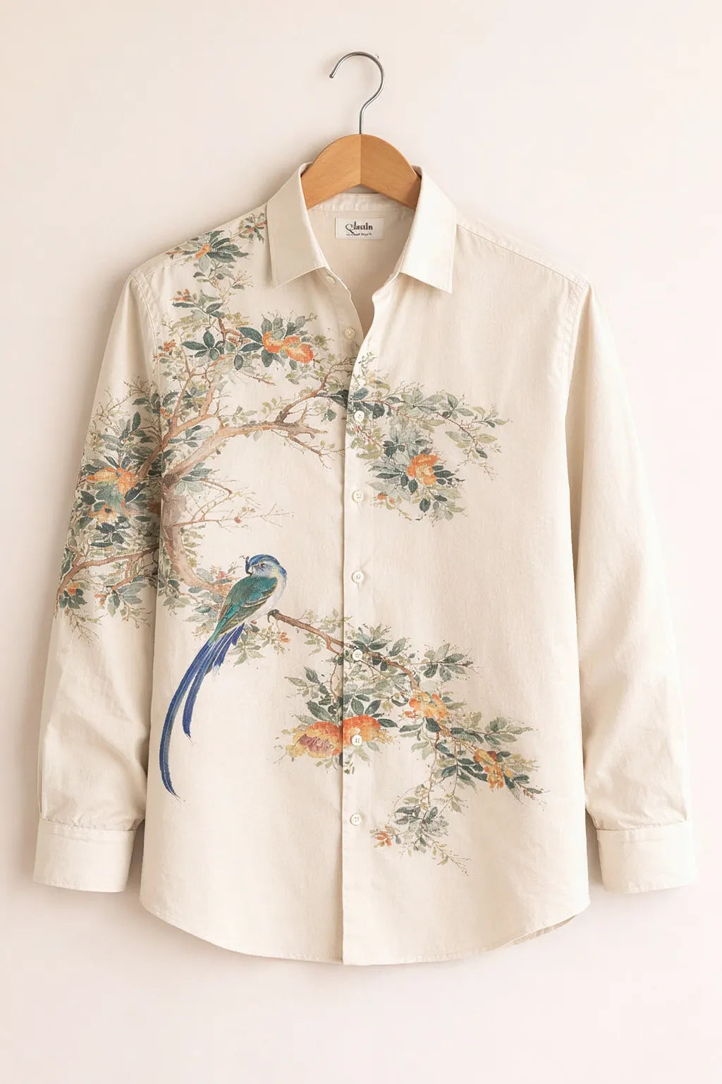 Oriental Bird & Floral Print Ivory Premium Shirt