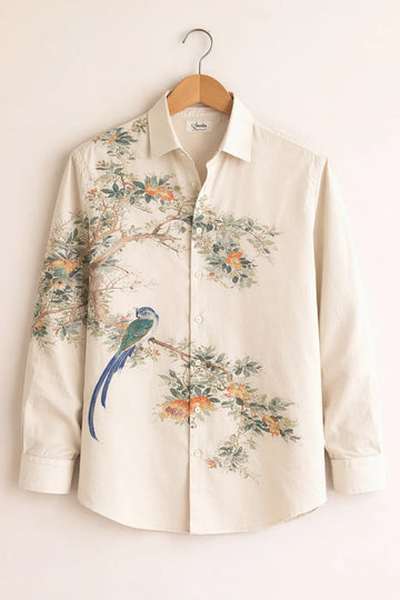 Oriental Bird & Floral Print Ivory Premium Shirt