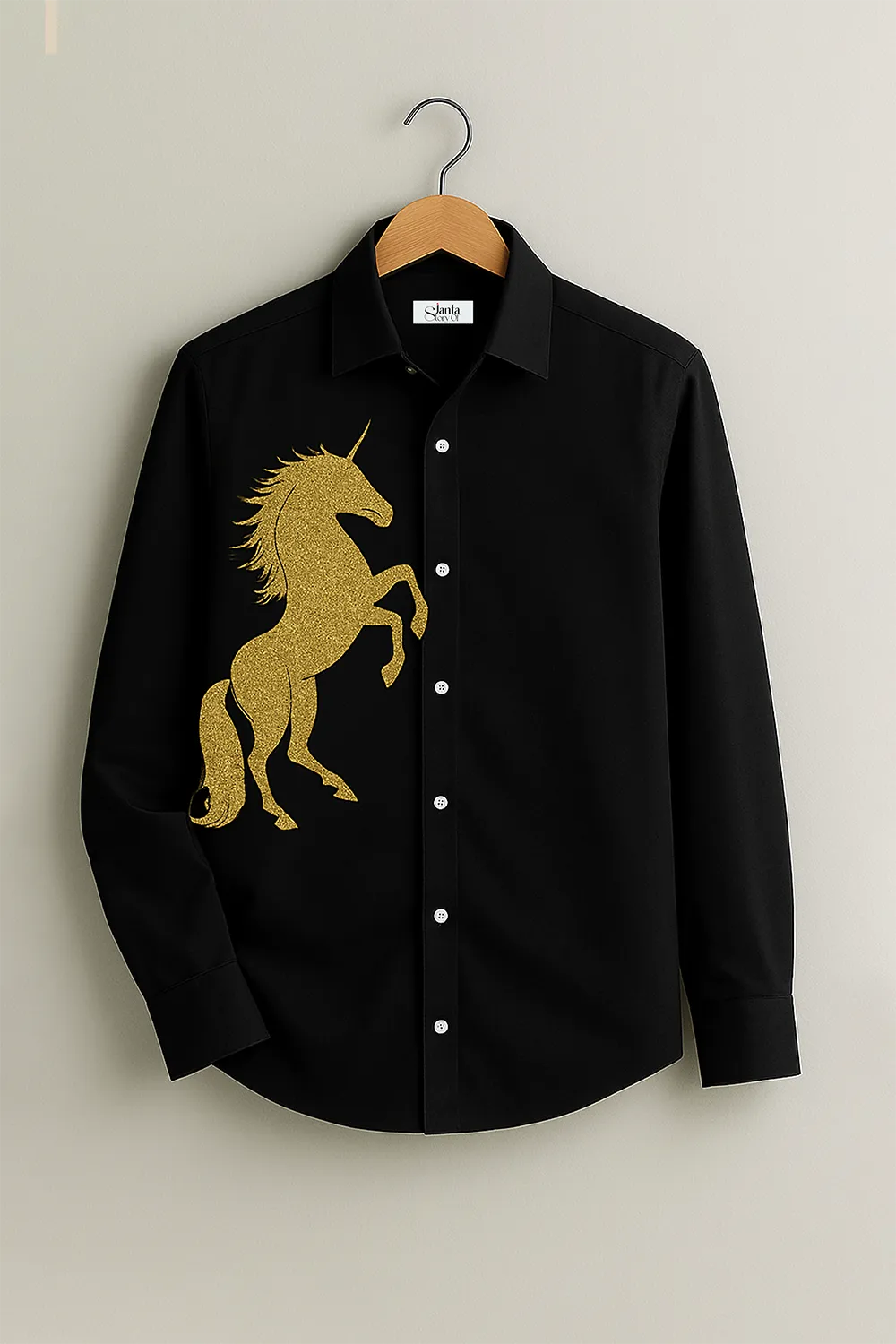 Men’s Luxe Black Shirt with Majestic Golden Unicorn Embroider