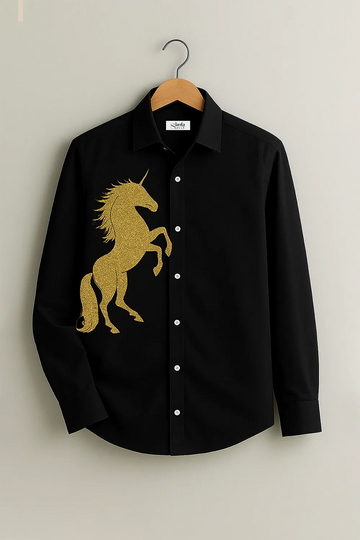 Men’s Luxe Black Shirt with Majestic Golden Unicorn Embroider