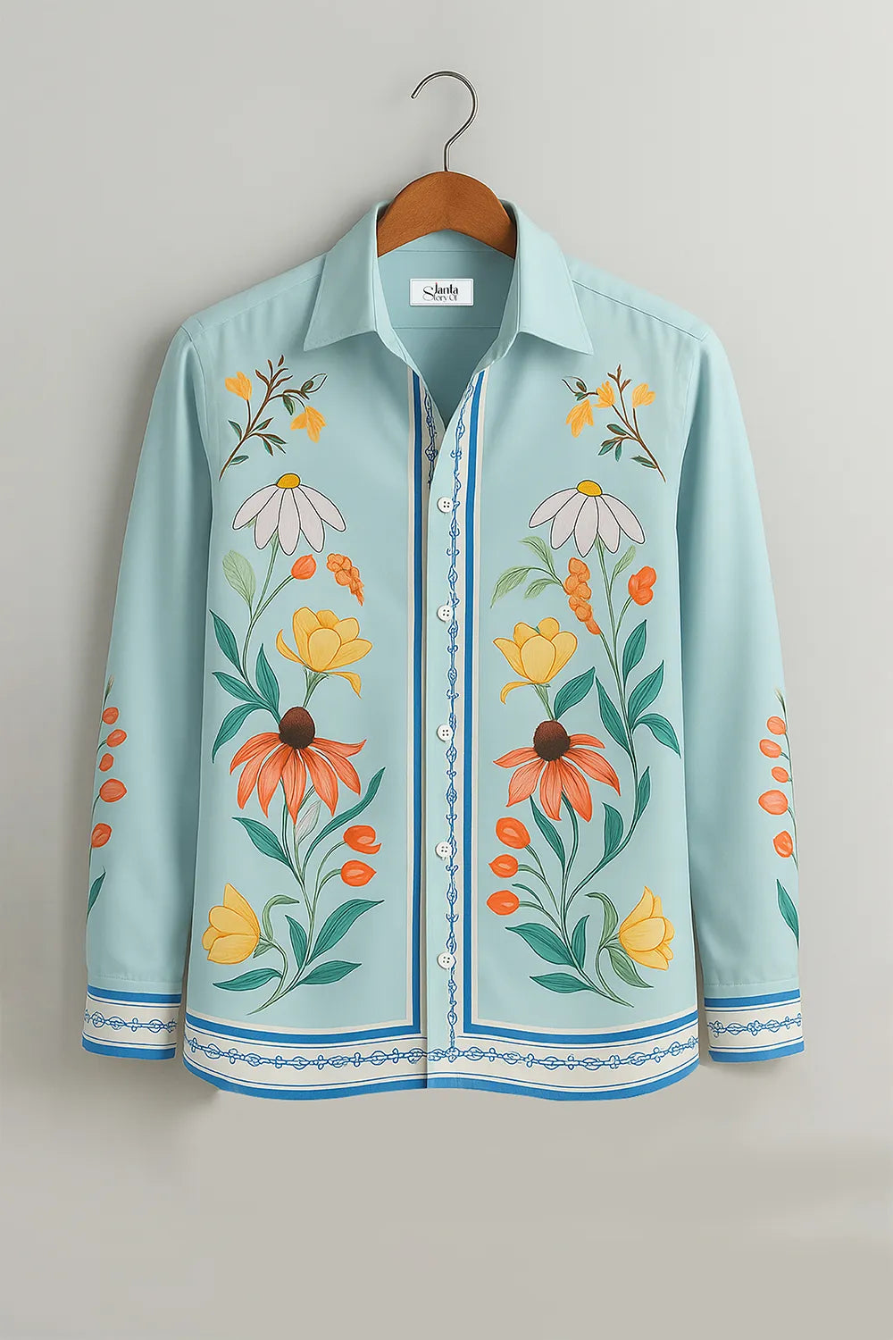 Men’s Boho Bloom Statement Shirt – Sky Blue Canvas with Bold Floral Artistry