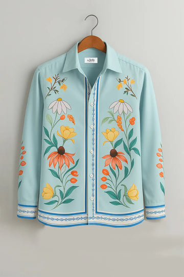 Men’s Boho Bloom Statement Shirt – Sky Blue Canvas with Bold Floral Artistry