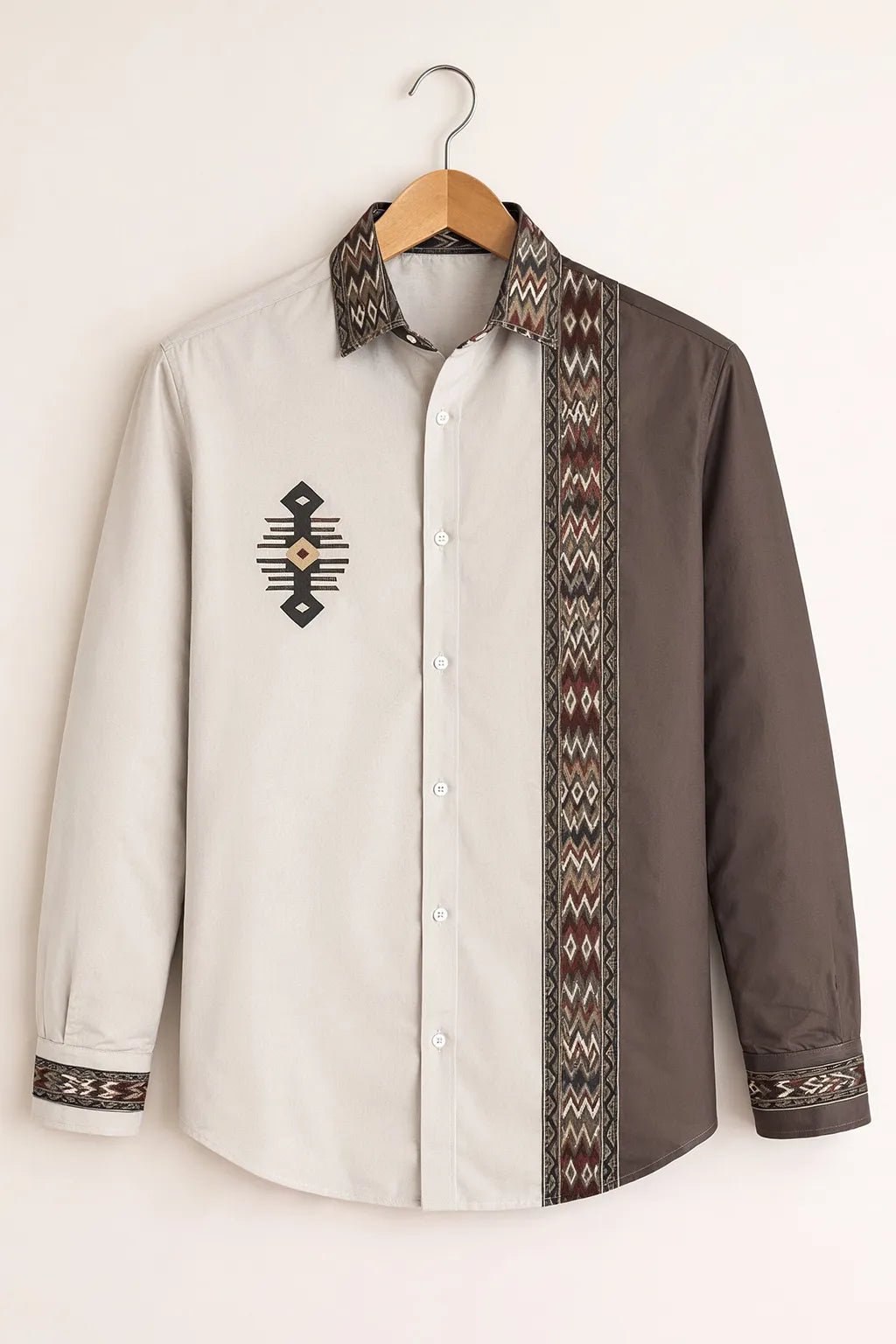 Men's Beige Brown Tribal Panel Shirt