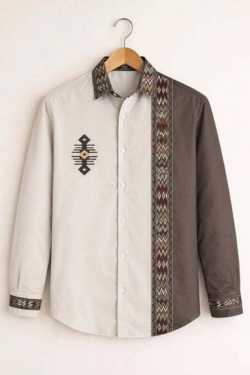 Men's Beige Brown Tribal Panel Shirt