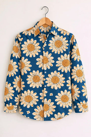 Sunflower Daisy Print Blue Premium Shirt