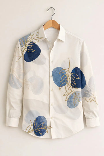 Abstract Leaf & Circle Print White Premium Shirt
