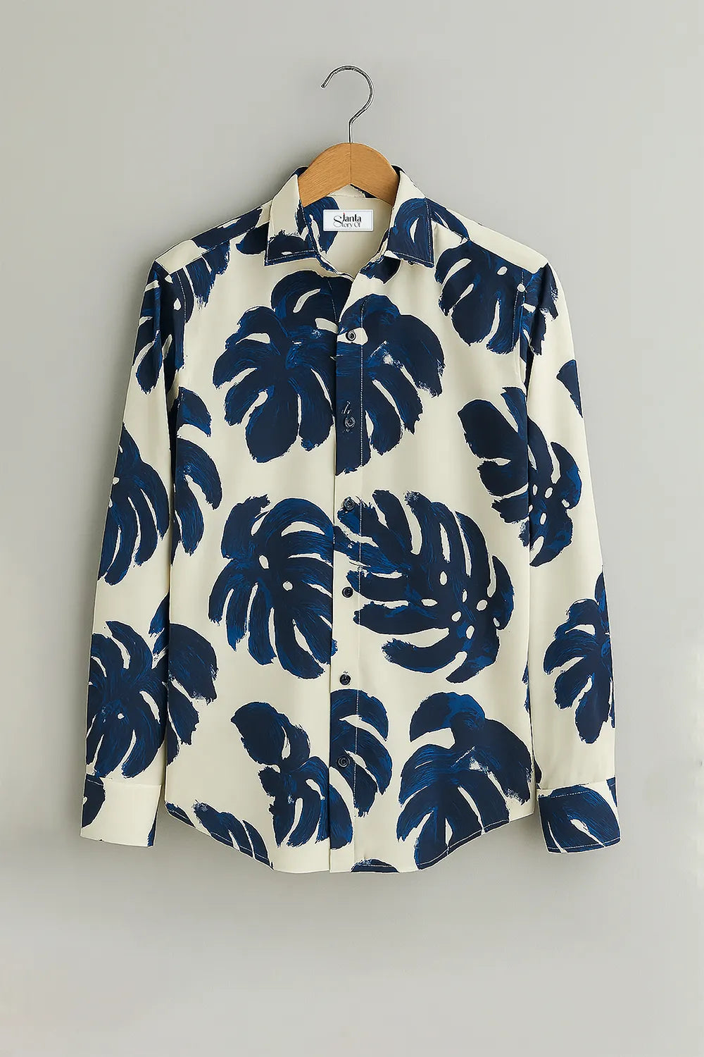 Tropical Navy Brushstroke Leaf Print Shirt Elegant Nature Inspired Design in Soft Cotton