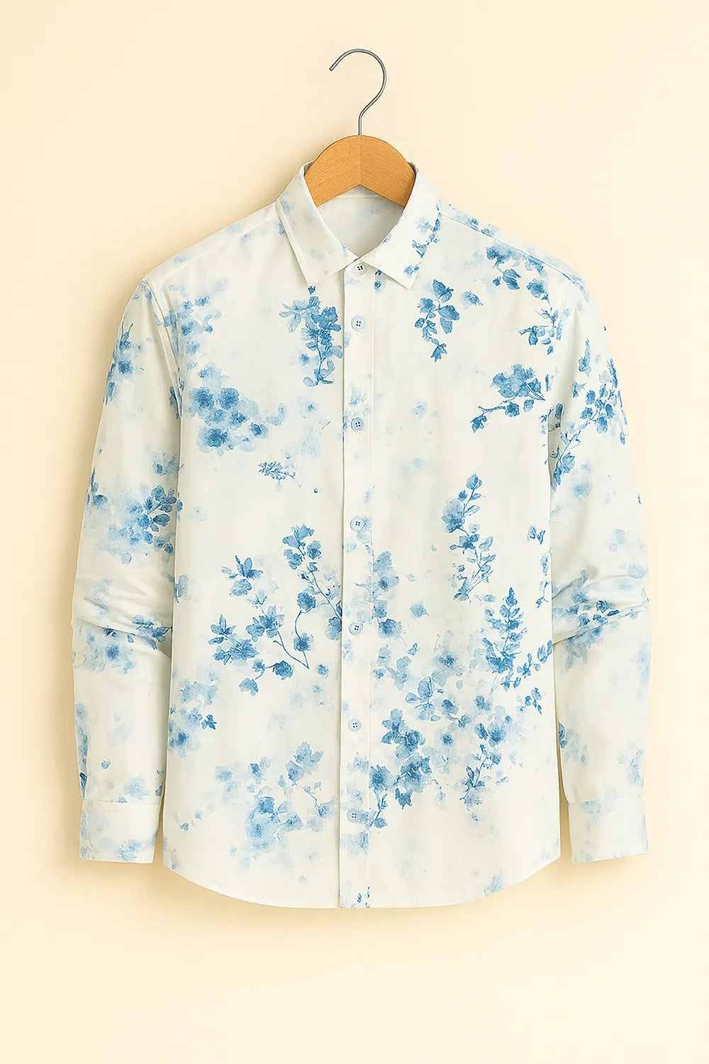 Men’s Serene Bloom Cotton Shirt – Sky Blue Floral on Ivory White