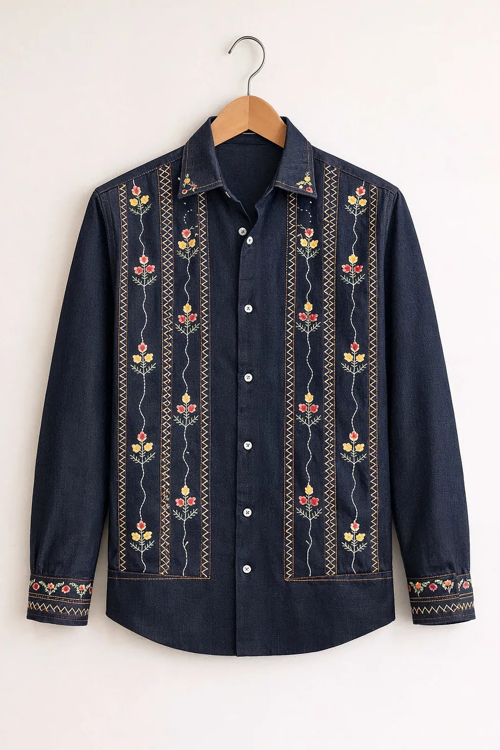 Indigo Bloom Embroidered Premium Shirt