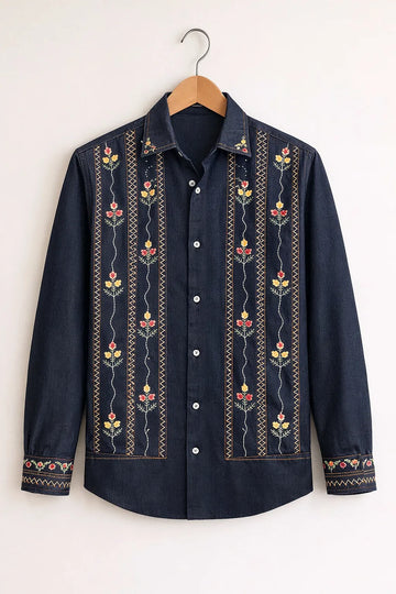 Indigo Bloom Embroidered Premium Shirt