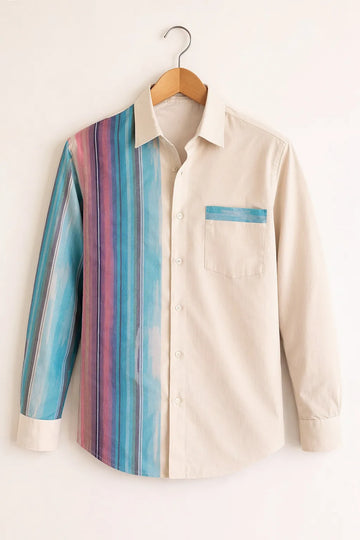 Men's Beige Multi-Stripe Panel Shirt