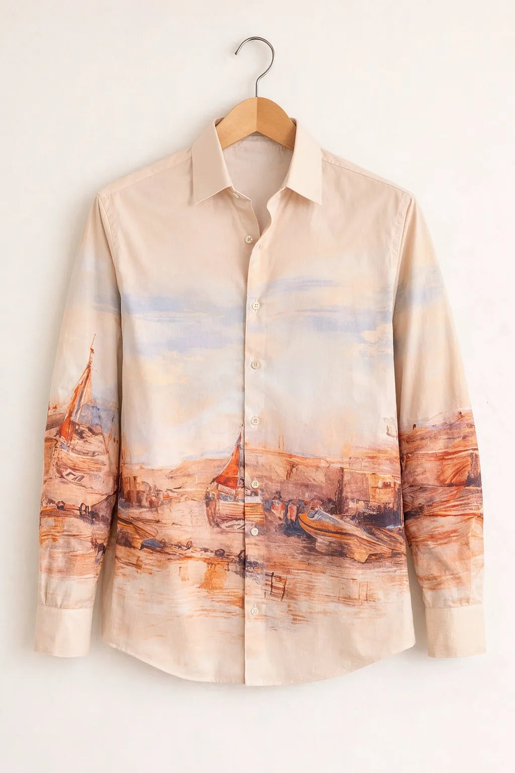 Beige Coastal Landscape Print Shirt