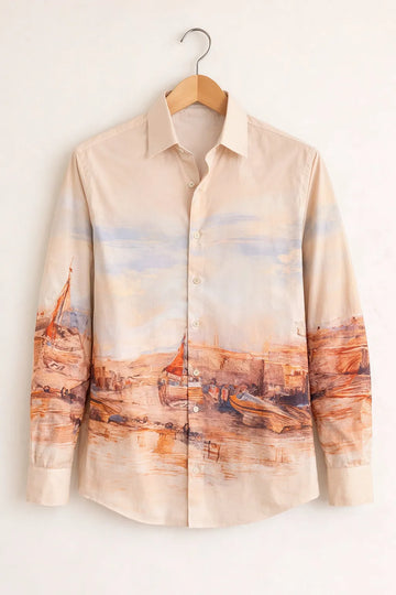 Beige Coastal Landscape Print Shirt