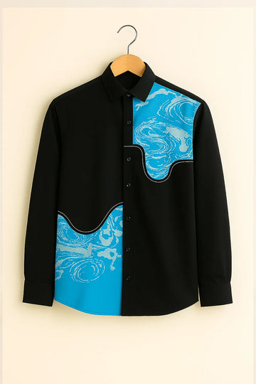 Men’s Artistic Wave Panel Black Shirt with Blue & Silver Abstract Design