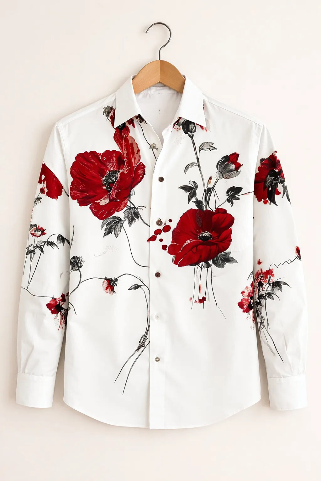 Men's White Red Floral Print Shirt