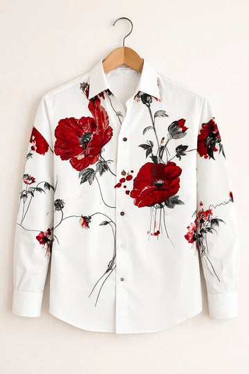 Men's White Red Floral Print Shirt