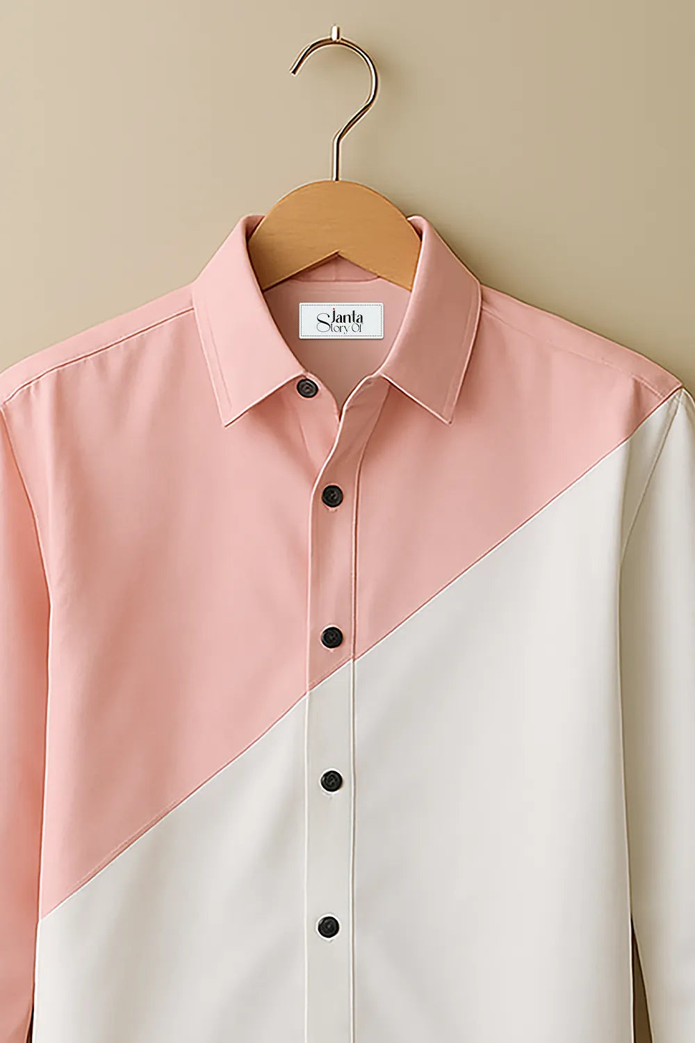 Men’s Contemporary Colorblock Elegance Shirt with Soft Pink & Off White Fusion in Minimalist Design