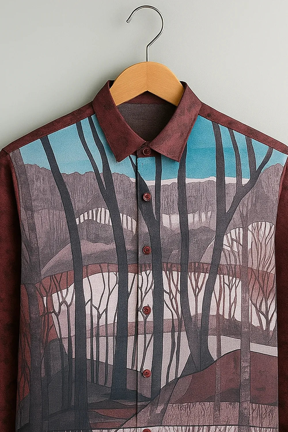 Men’s Burgundy Shirt with Artistic Forest Landscape Print