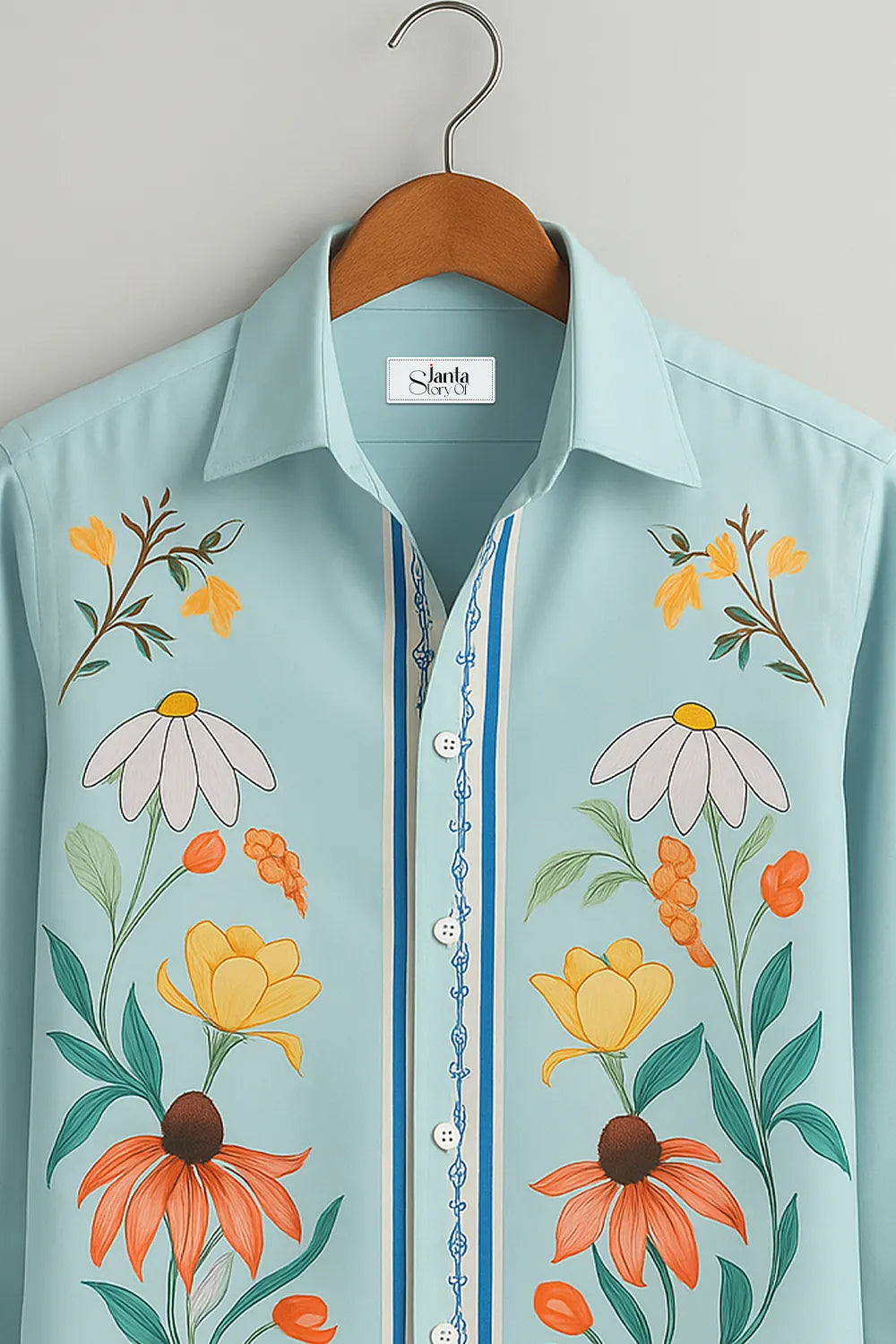 Men’s Boho Bloom Statement Shirt – Sky Blue Canvas with Bold Floral Artistry