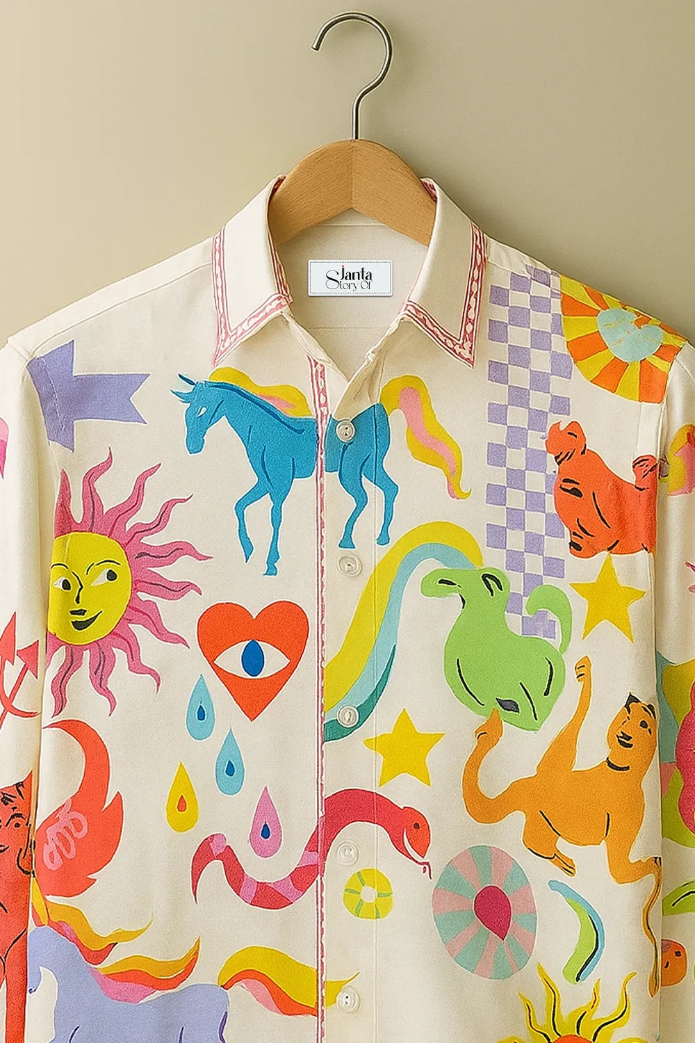 Men's Vibrant Artistic Expression Cotton Shirt with Mythical & Psychedelic Motifs