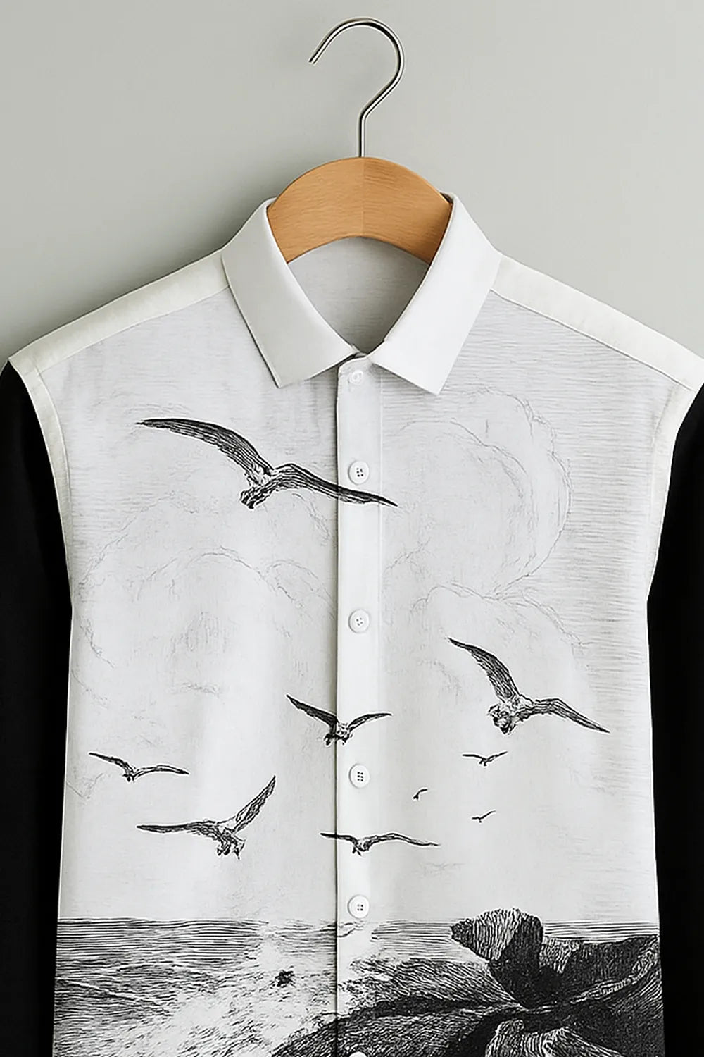 Men’s Black & White Shirt with Scenic Ocean and Seagull Art Print